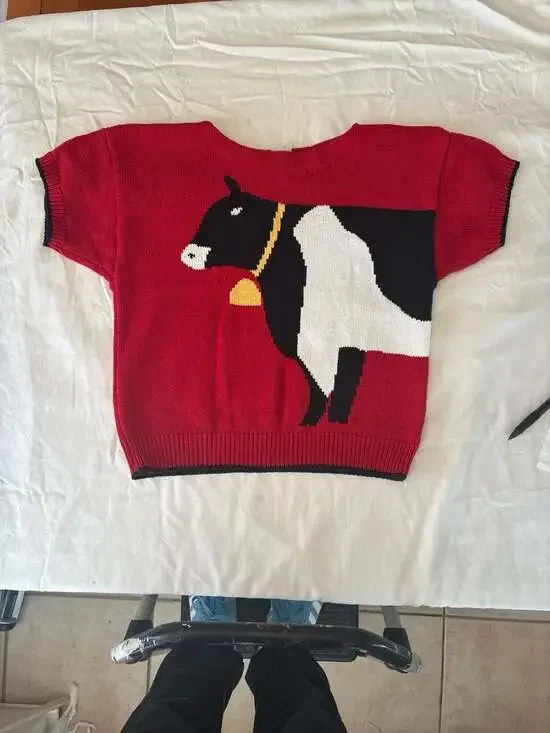 Vintage 80s J.G. Hook Red Knit Cow Graphic Short Sleeve Sweater Medium - Picture 1 of 11
